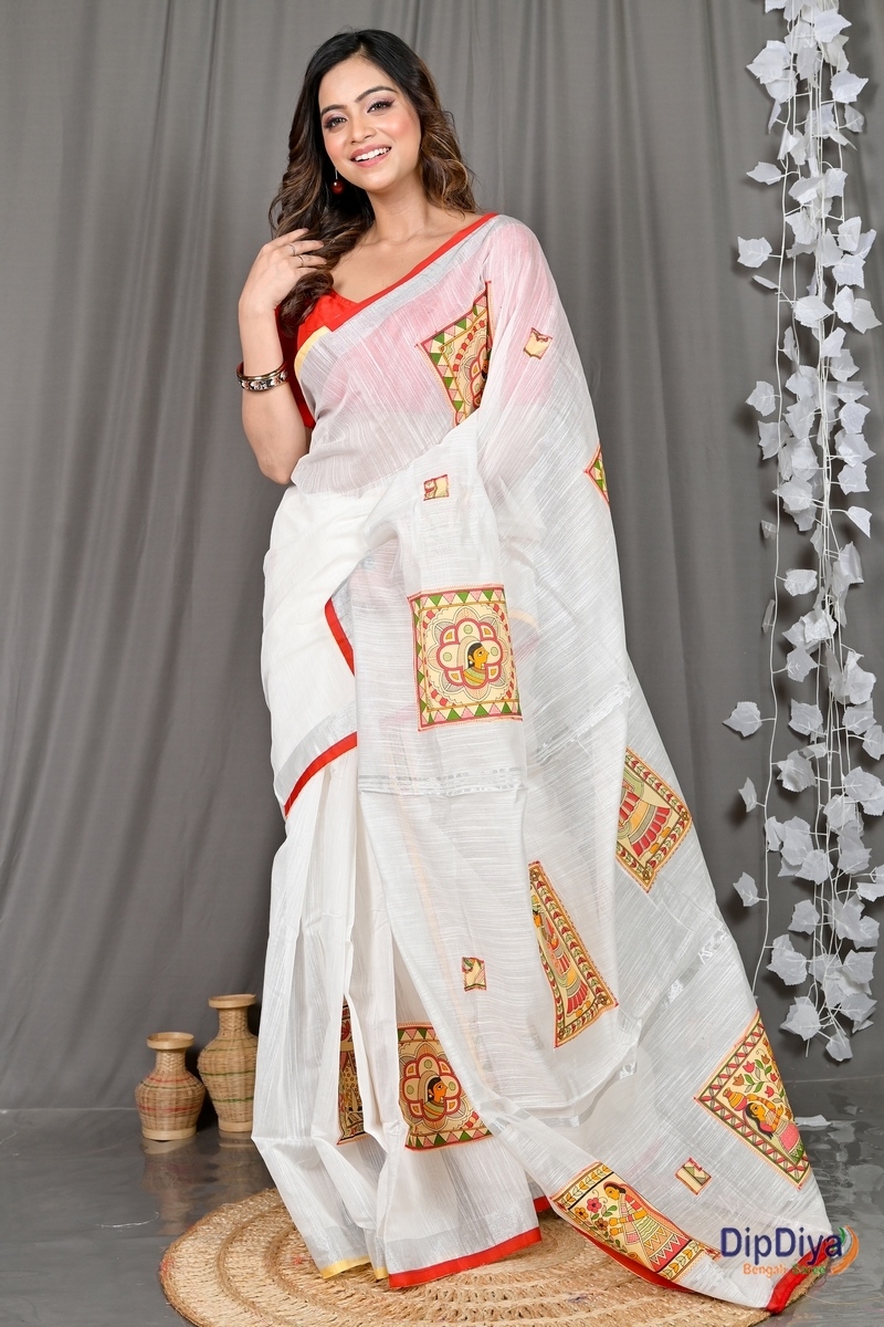 White Cotton Blended Parija Applique Saree (321)