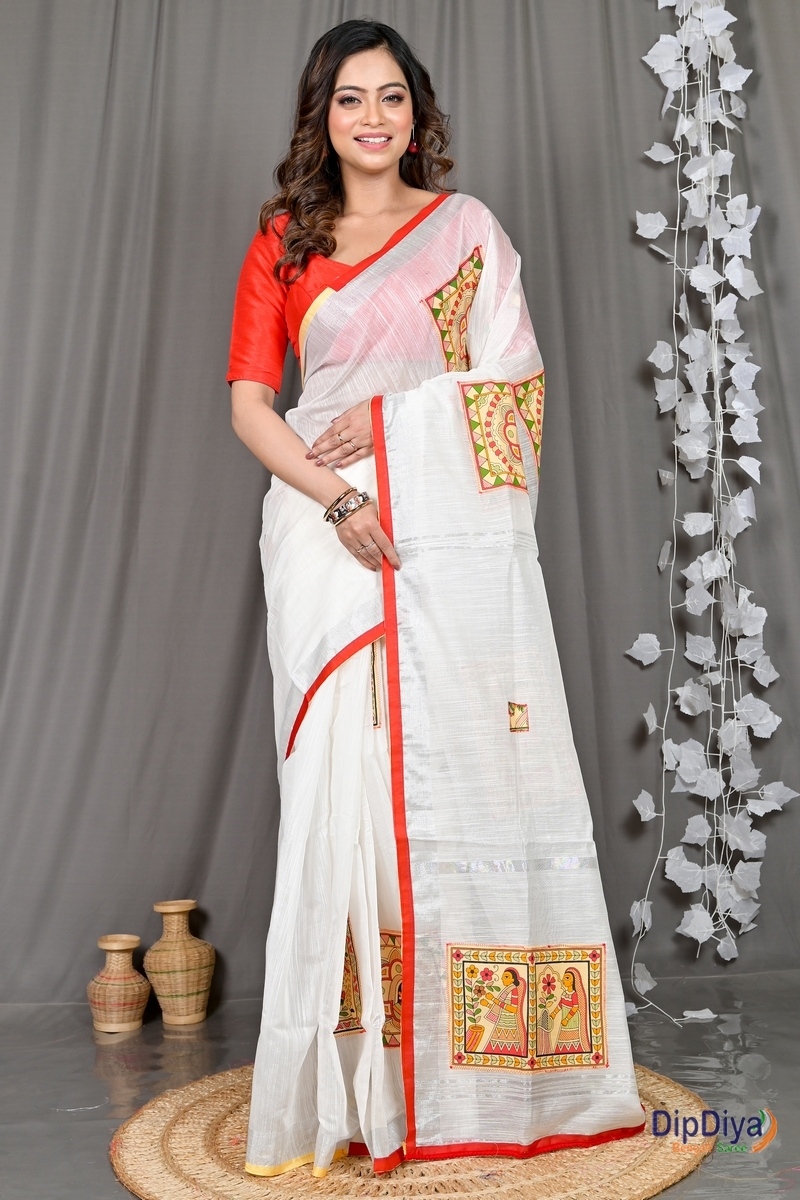 White Cotton Blended Parija Applique Saree (321)