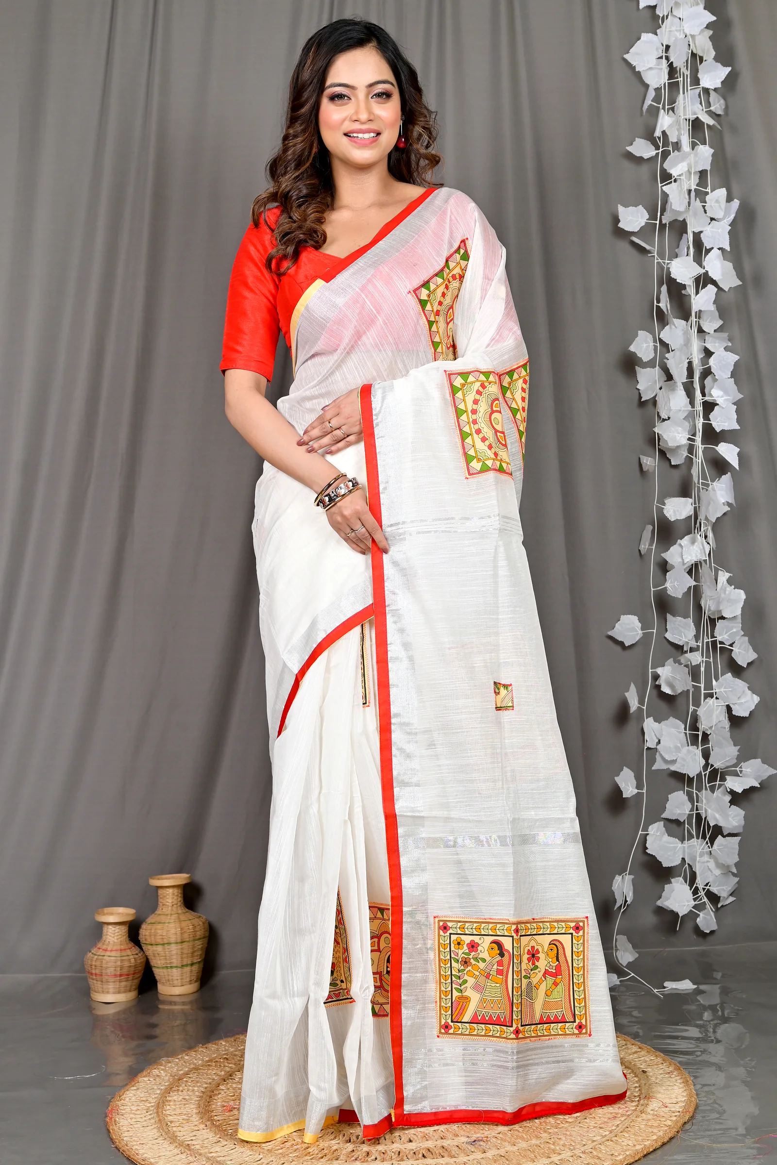 White Cotton Blended Parija Applique Saree (321)