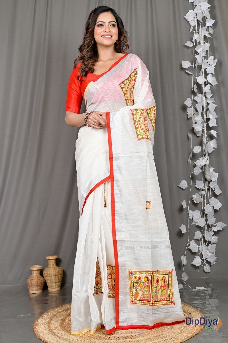 White Cotton Blended Parija Applique Saree (321)