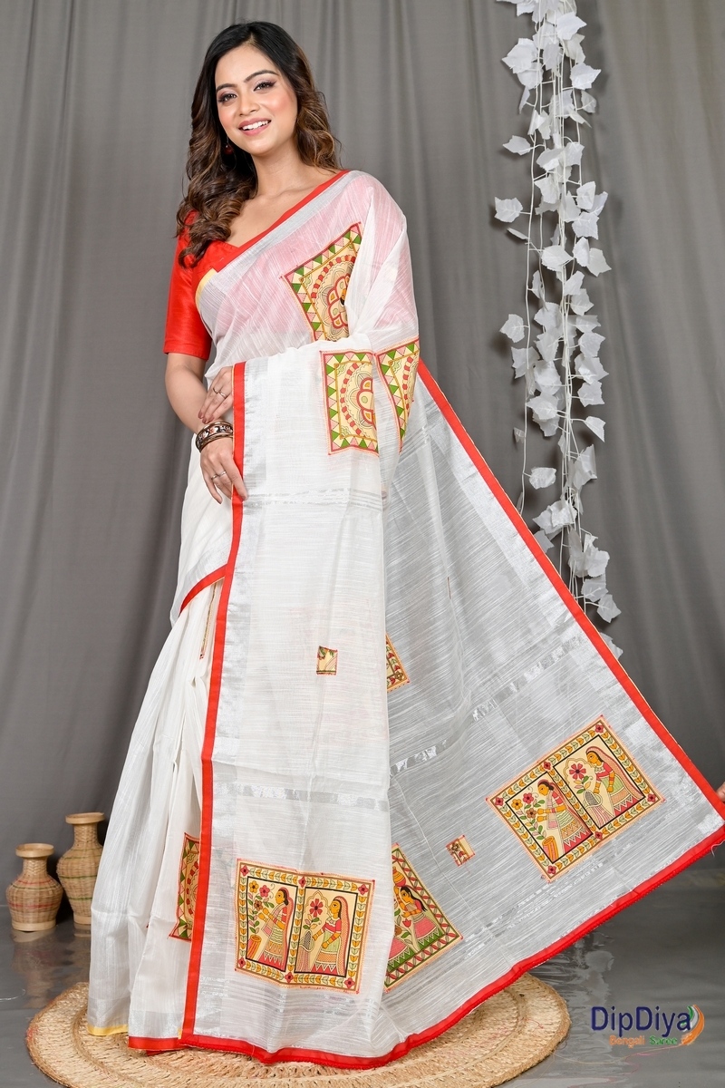 White Cotton Blended Parija Applique Saree (321)