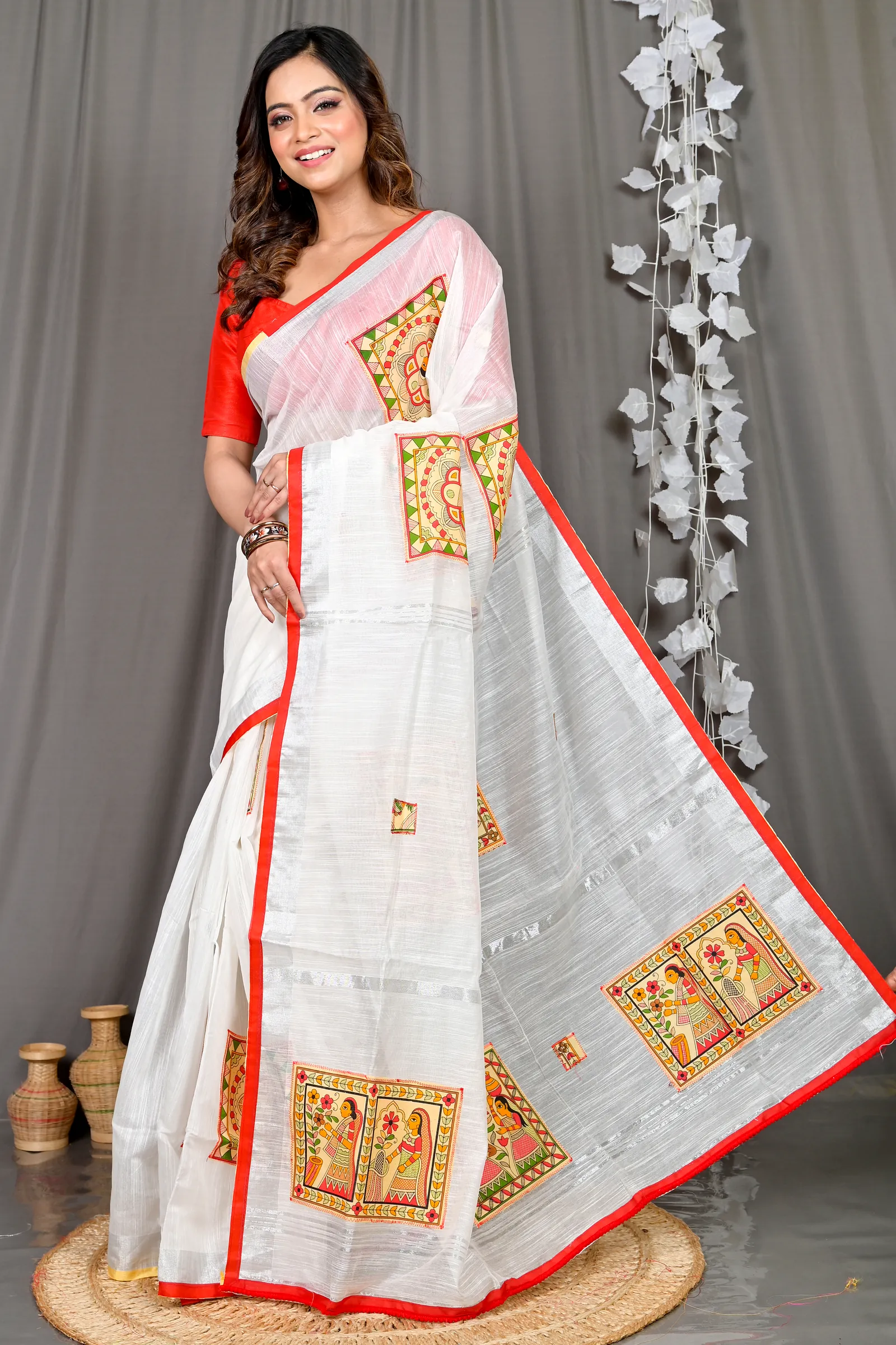 White Cotton Blended Parija Applique Saree (321)