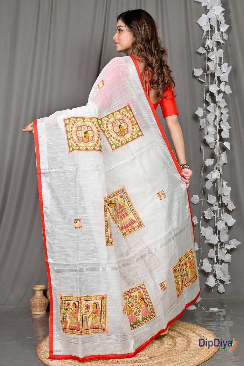 White Cotton Blended Parija Applique Saree (321)