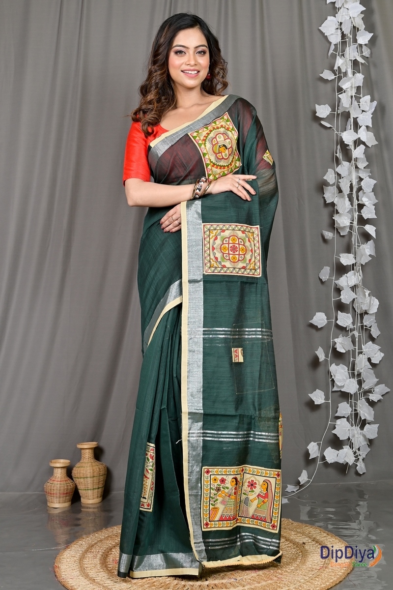Dark Green Cotton Blended Parija Applique Saree (325)