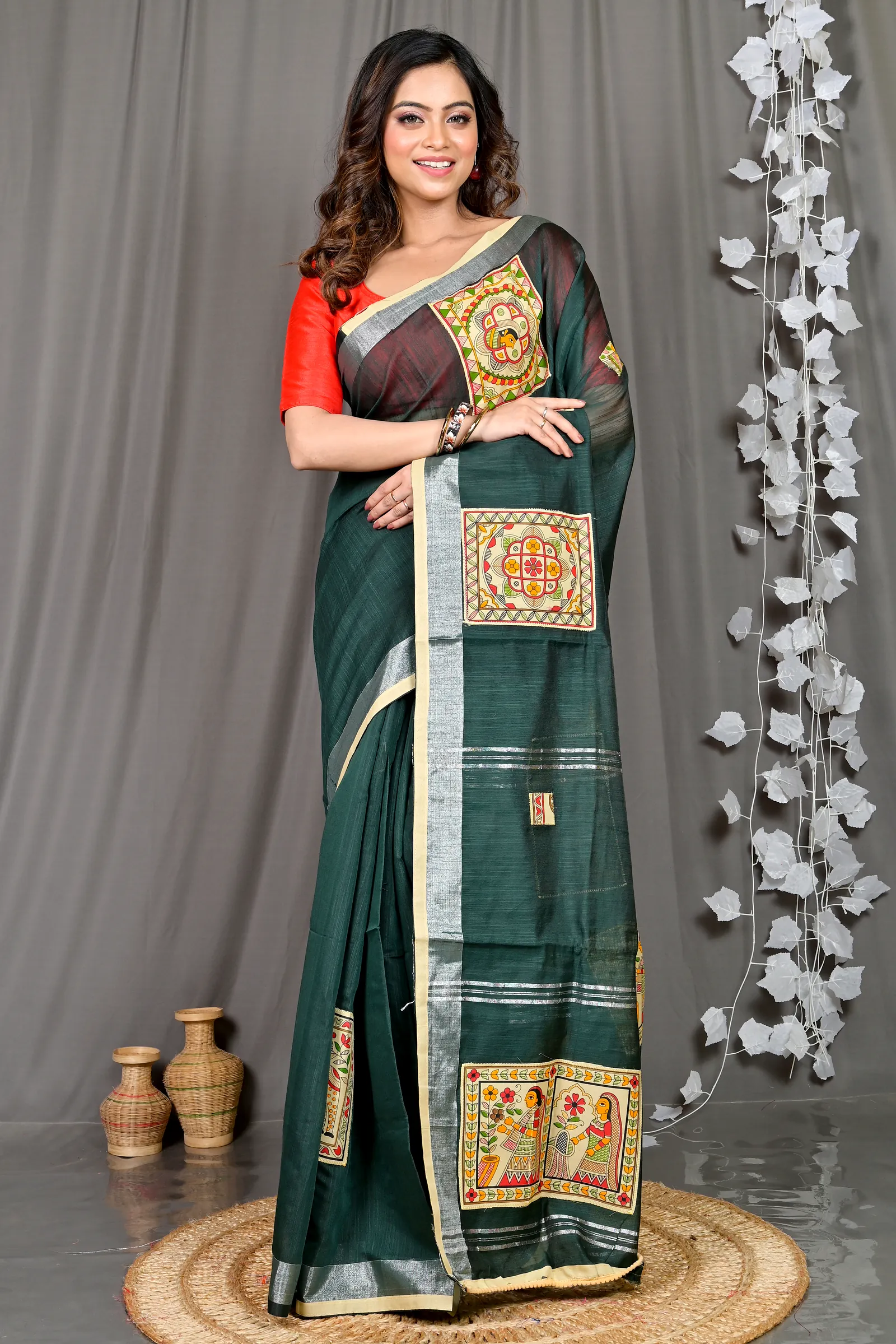Dark Green Cotton Blended Parija Applique Saree (325)