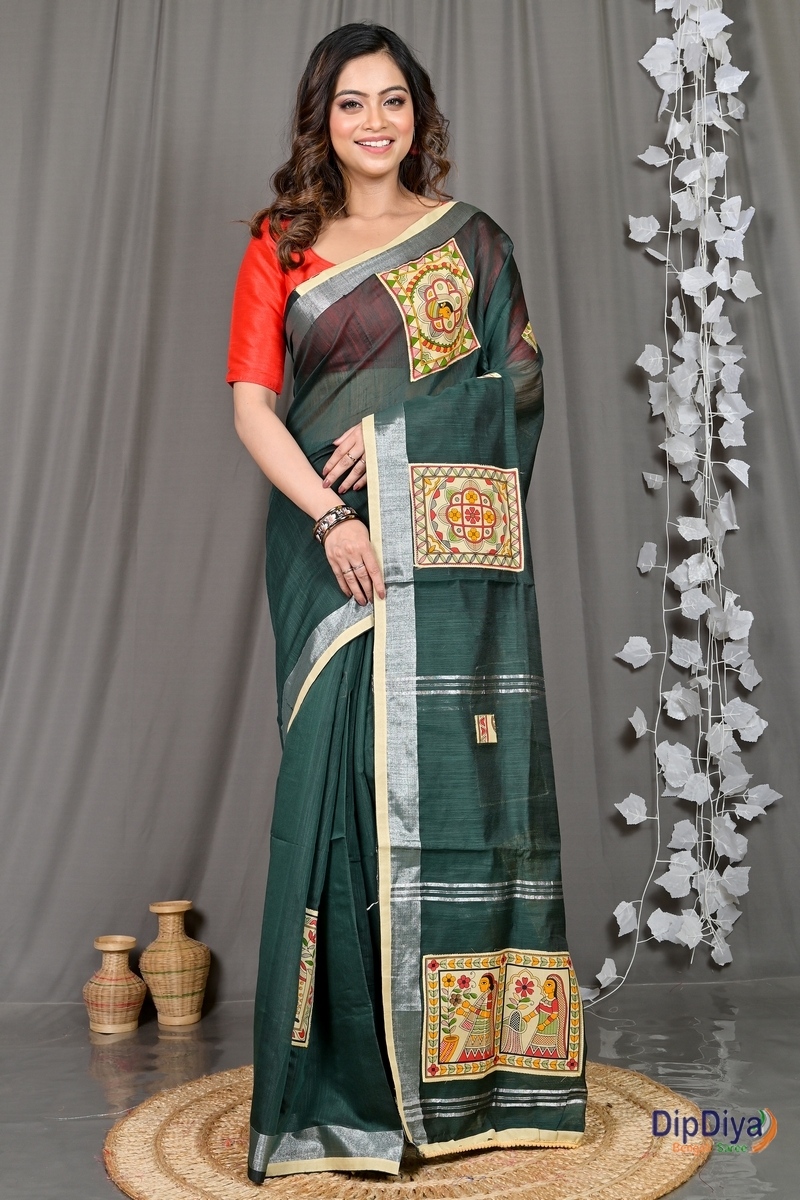 Dark Green Cotton Blended Parija Applique Saree (325)