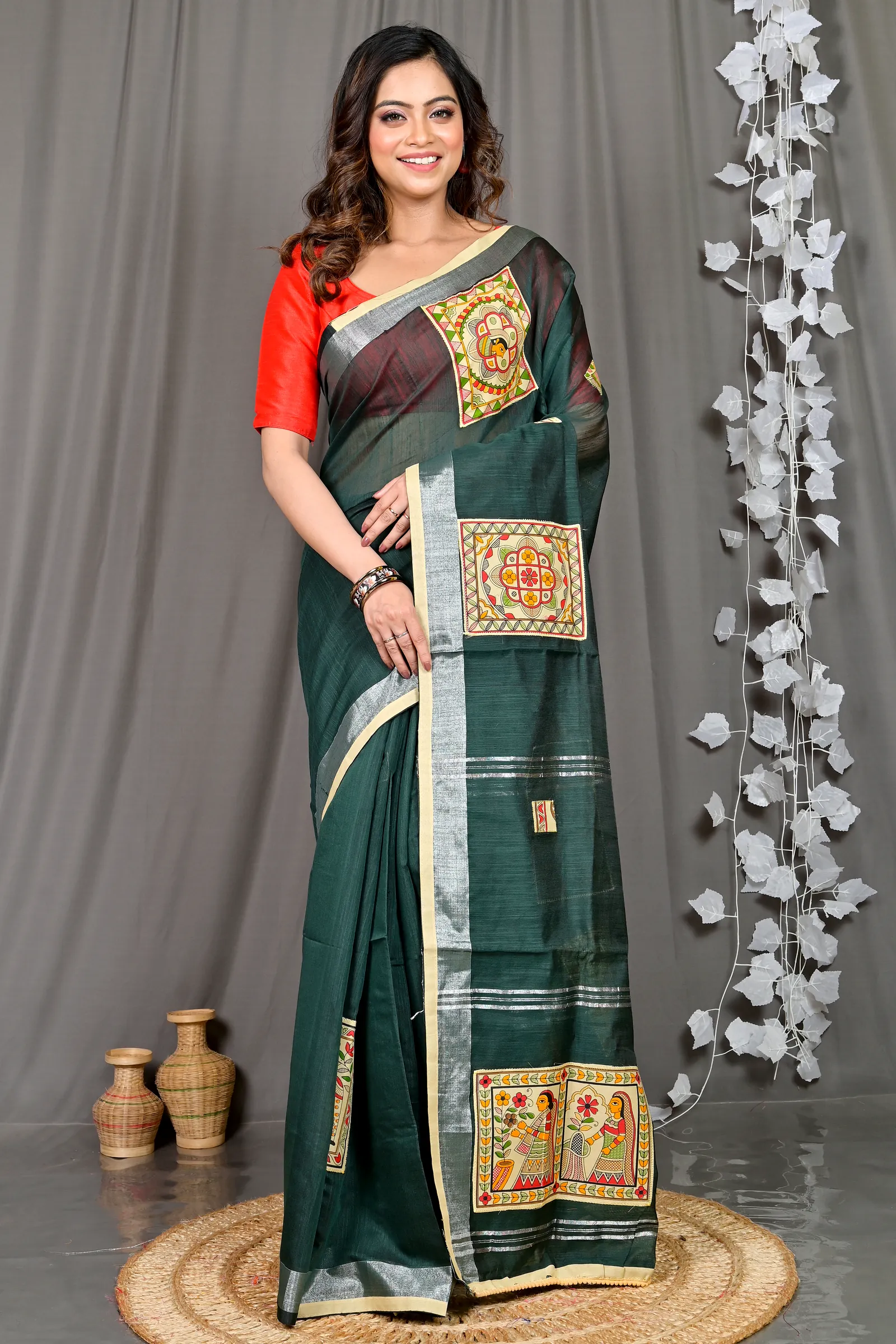 Dark Green Cotton Blended Parija Applique Saree (325)