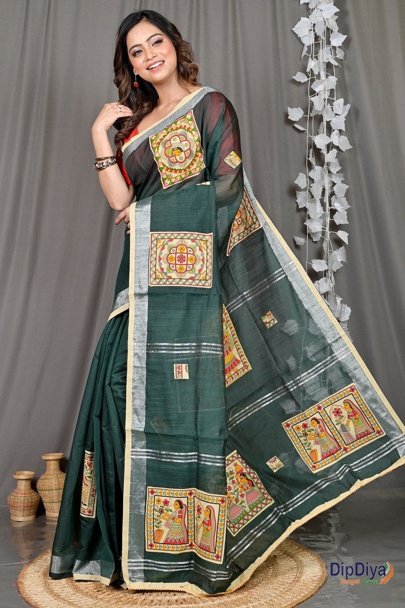 Dark Green Cotton Blended Parija Applique Saree (325)