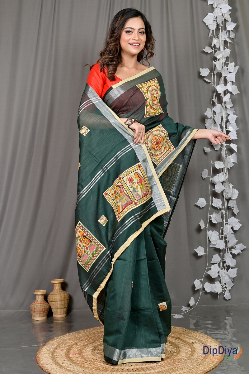 Dark Green Cotton Blended Parija Applique Saree (325)