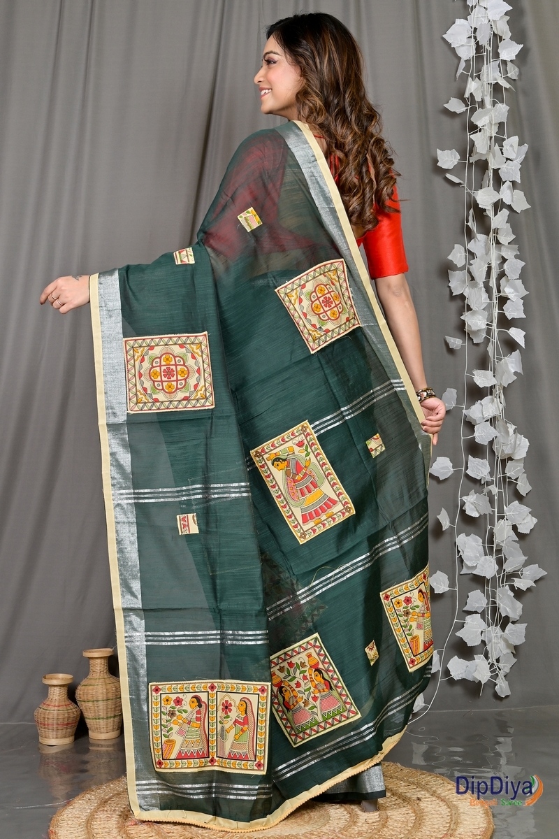 Dark Green Cotton Blended Parija Applique Saree (325)