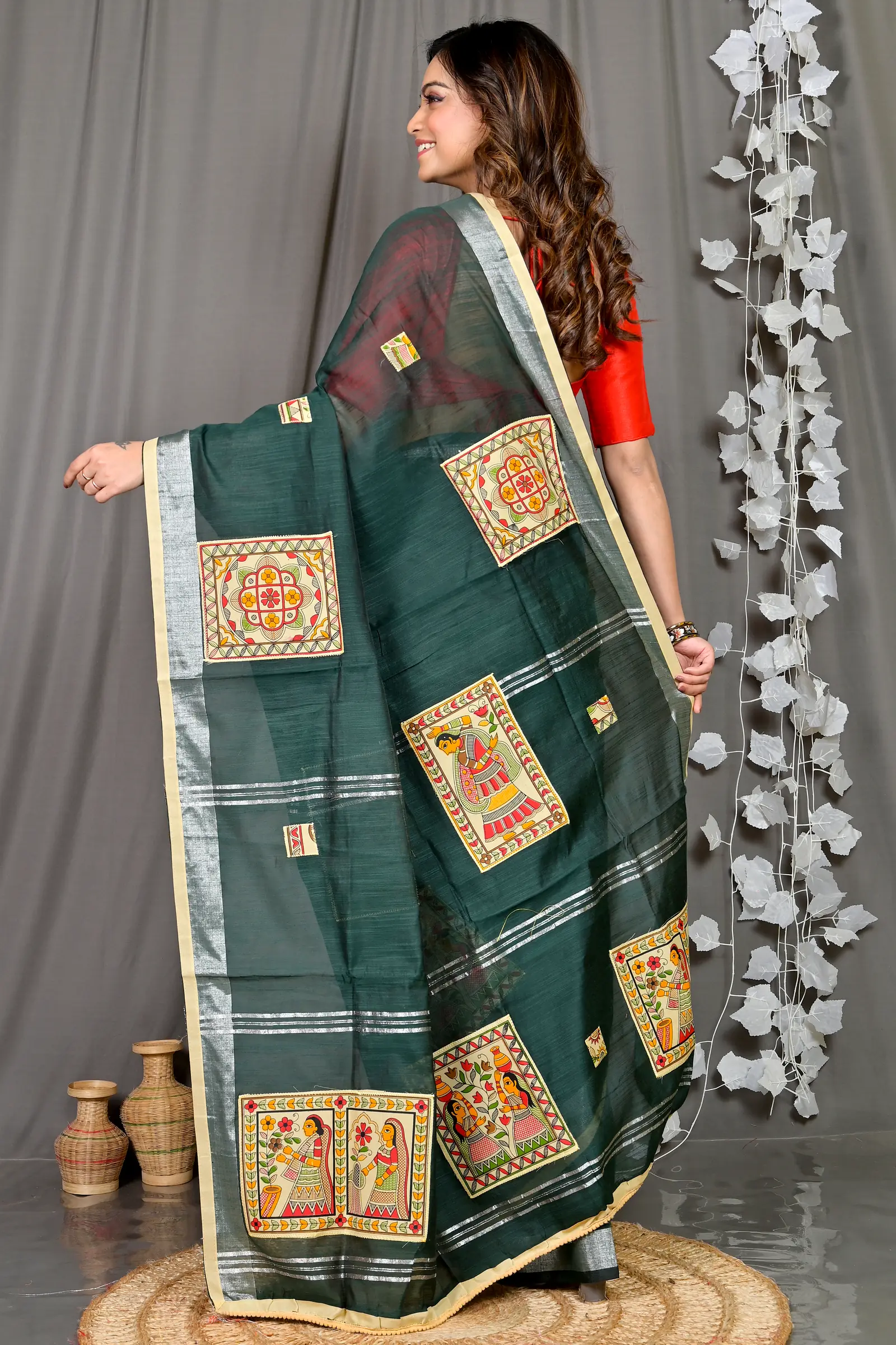 Dark Green Cotton Blended Parija Applique Saree (325)