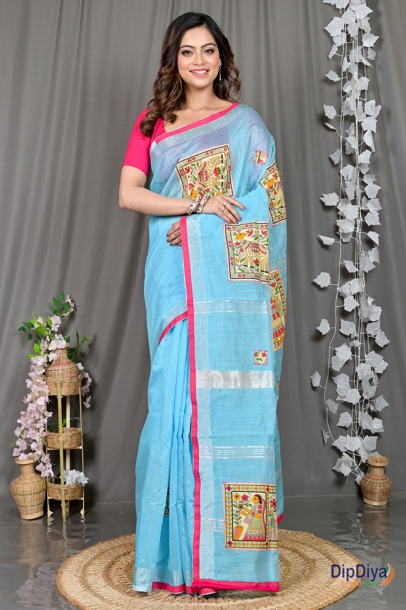 Sky Blue Cotton Blended Parija Applique Saree (326)