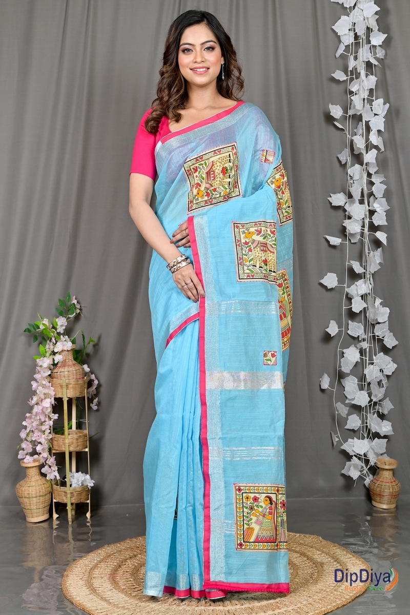 Sky Blue Cotton Blended Parija Applique Saree (326)