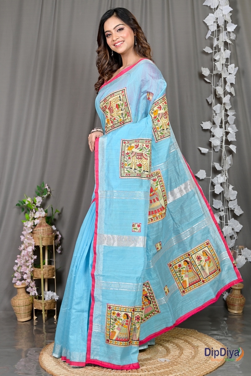 Sky Blue Cotton Blended Parija Applique Saree (326)