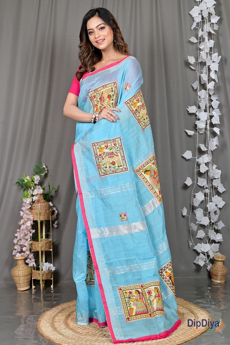 Sky Blue Cotton Blended Parija Applique Saree (326)