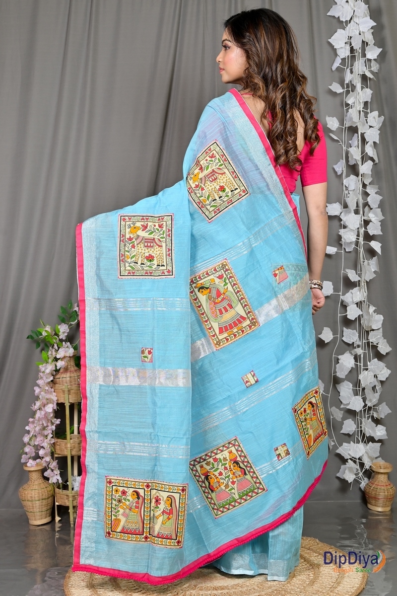 Sky Blue Cotton Blended Parija Applique Saree (326)
