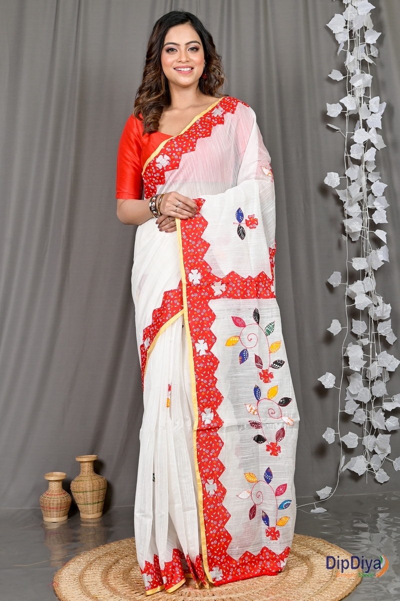 White Cotton Blended Parik Applique Saree (327)