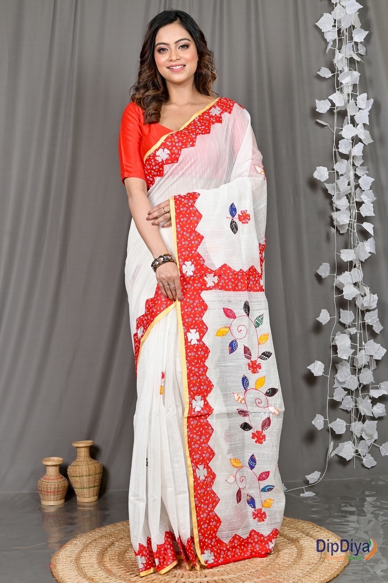 White Cotton Blended Parik Applique Saree (327)