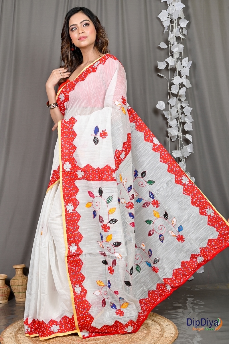 White Cotton Blended Parik Applique Saree (327)