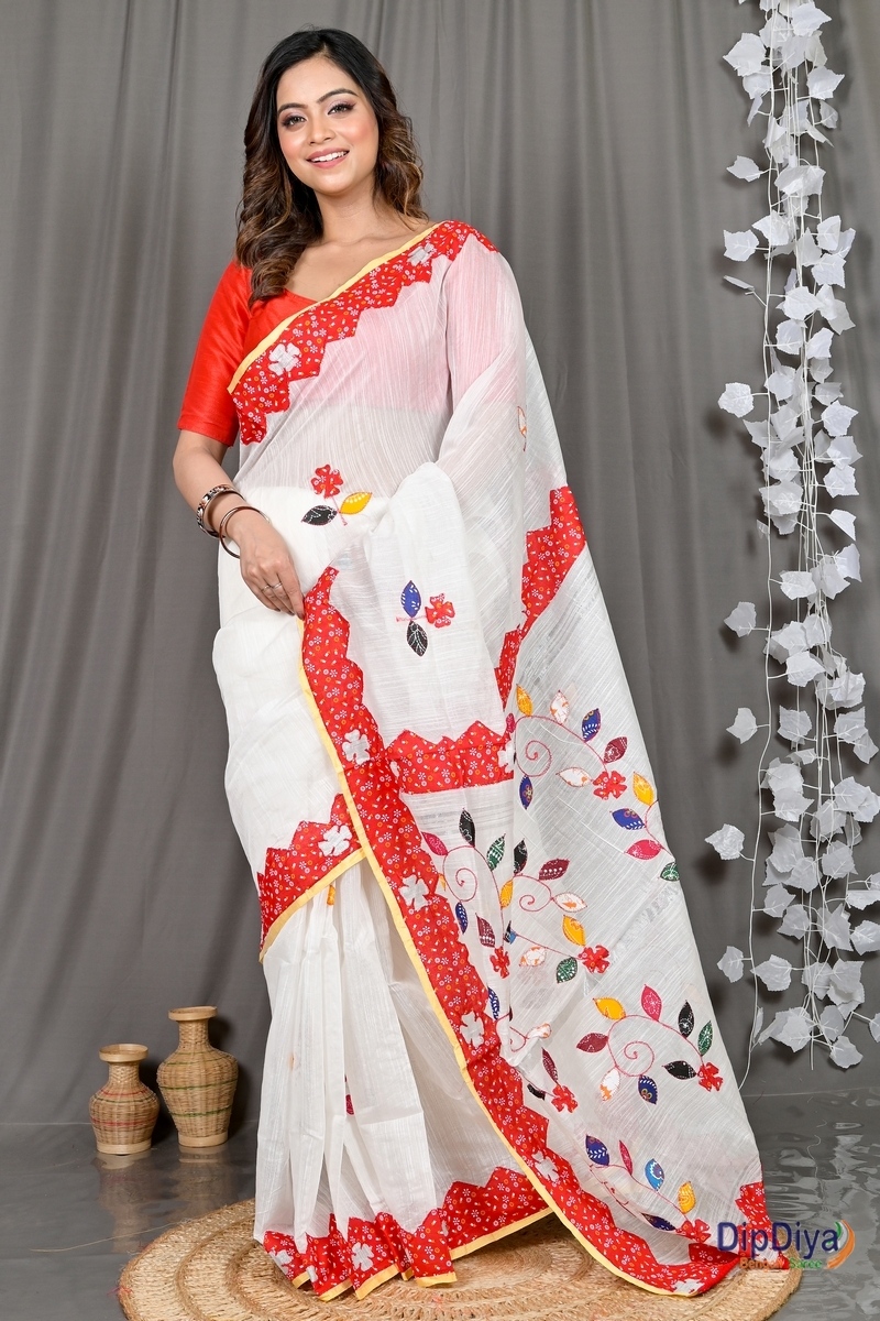 White Cotton Blended Parik Applique Saree (327)