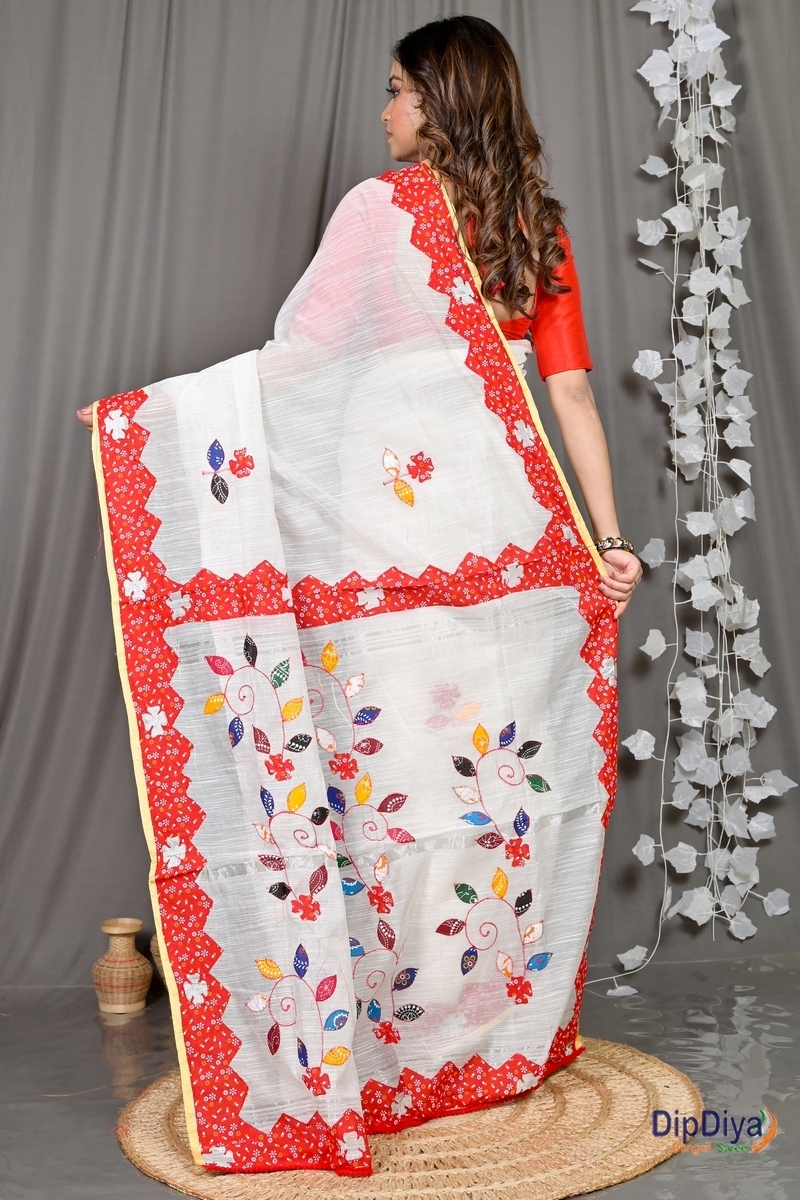 White Cotton Blended Parik Applique Saree (327)