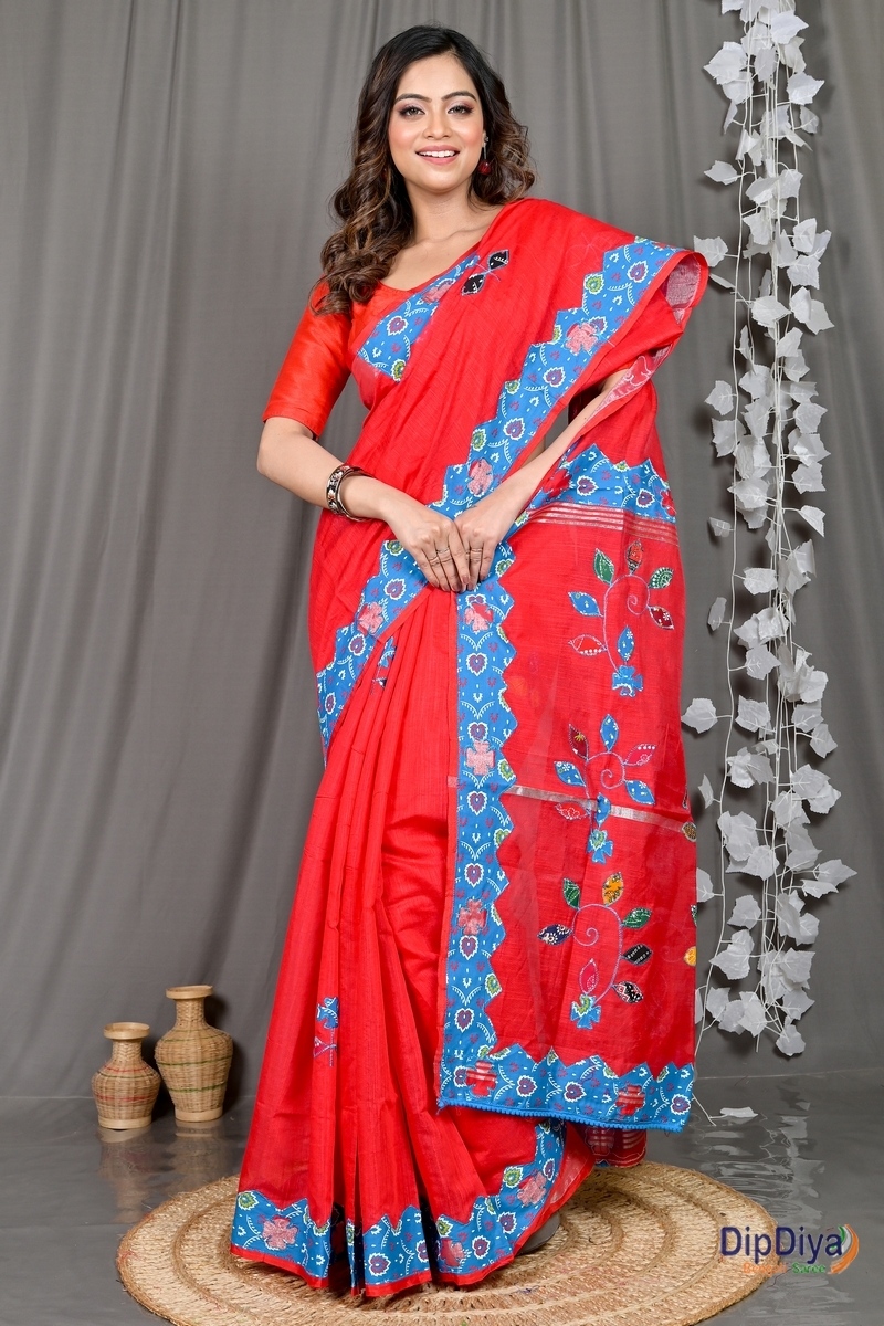 Red Cotton Blended Parik Applique Saree (328)