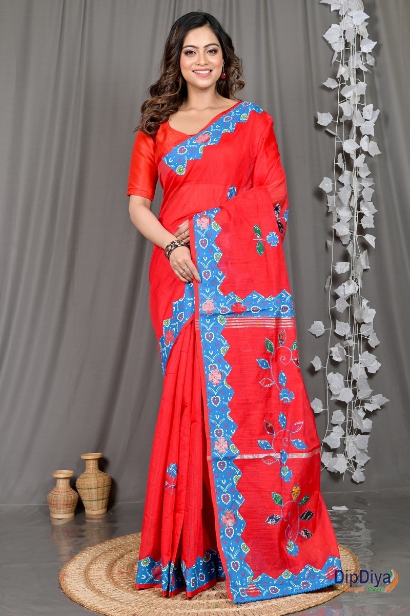 Red Cotton Blended Parik Applique Saree (328)