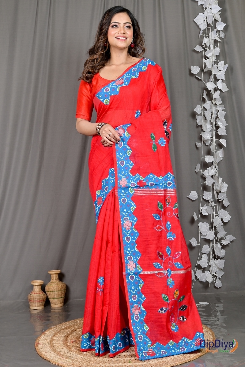 Red Cotton Blended Parik Applique Saree (328)