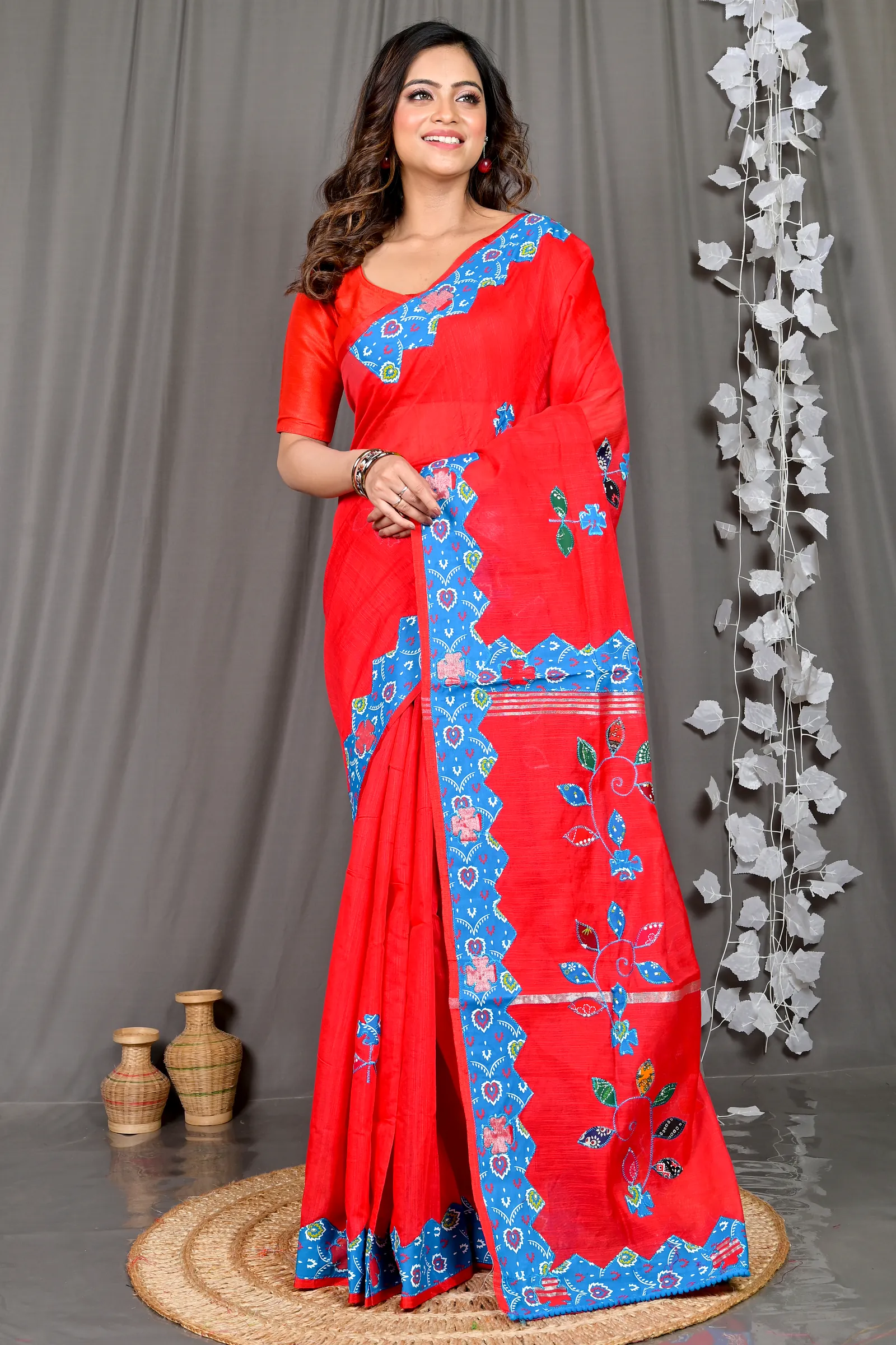 Red Cotton Blended Parik Applique Saree (328)