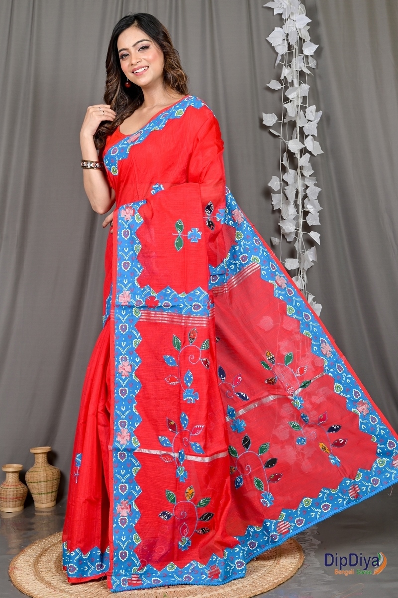 Red Cotton Blended Parik Applique Saree (328)