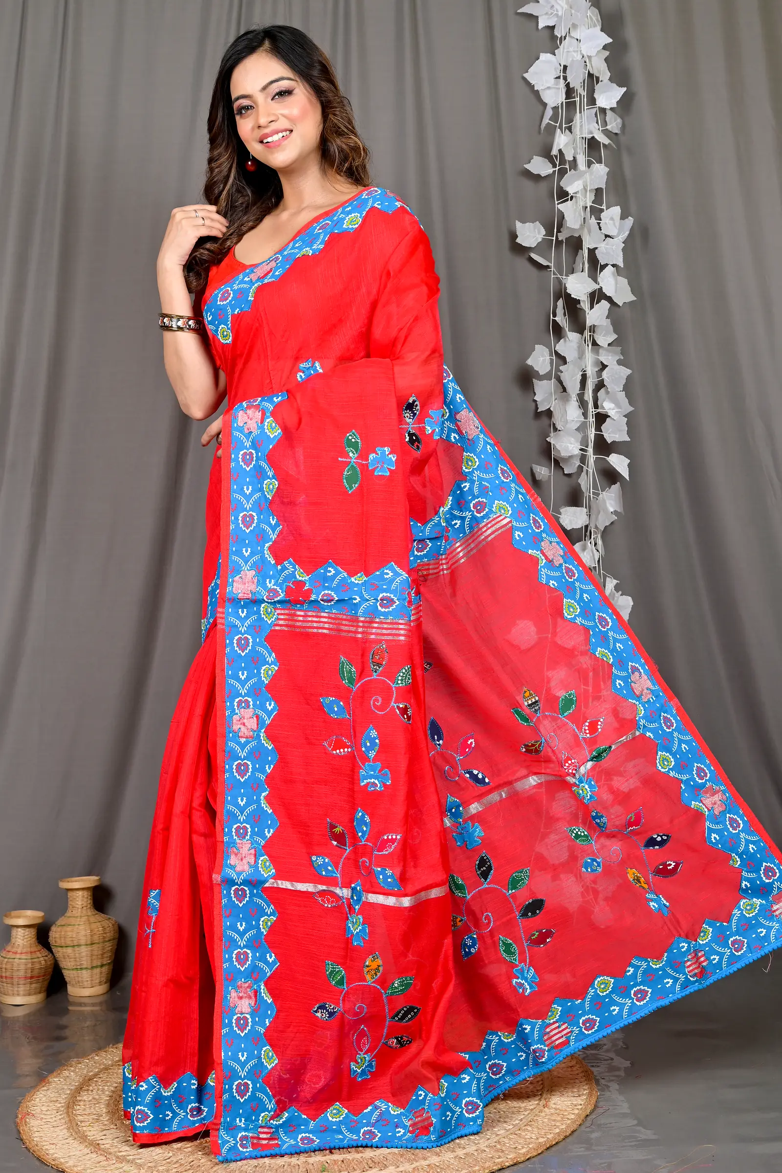 Red Cotton Blended Parik Applique Saree (328)