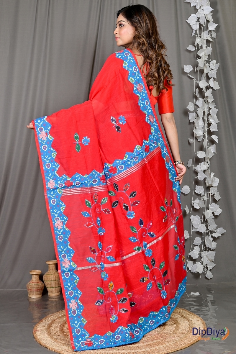 Red Cotton Blended Parik Applique Saree (328)