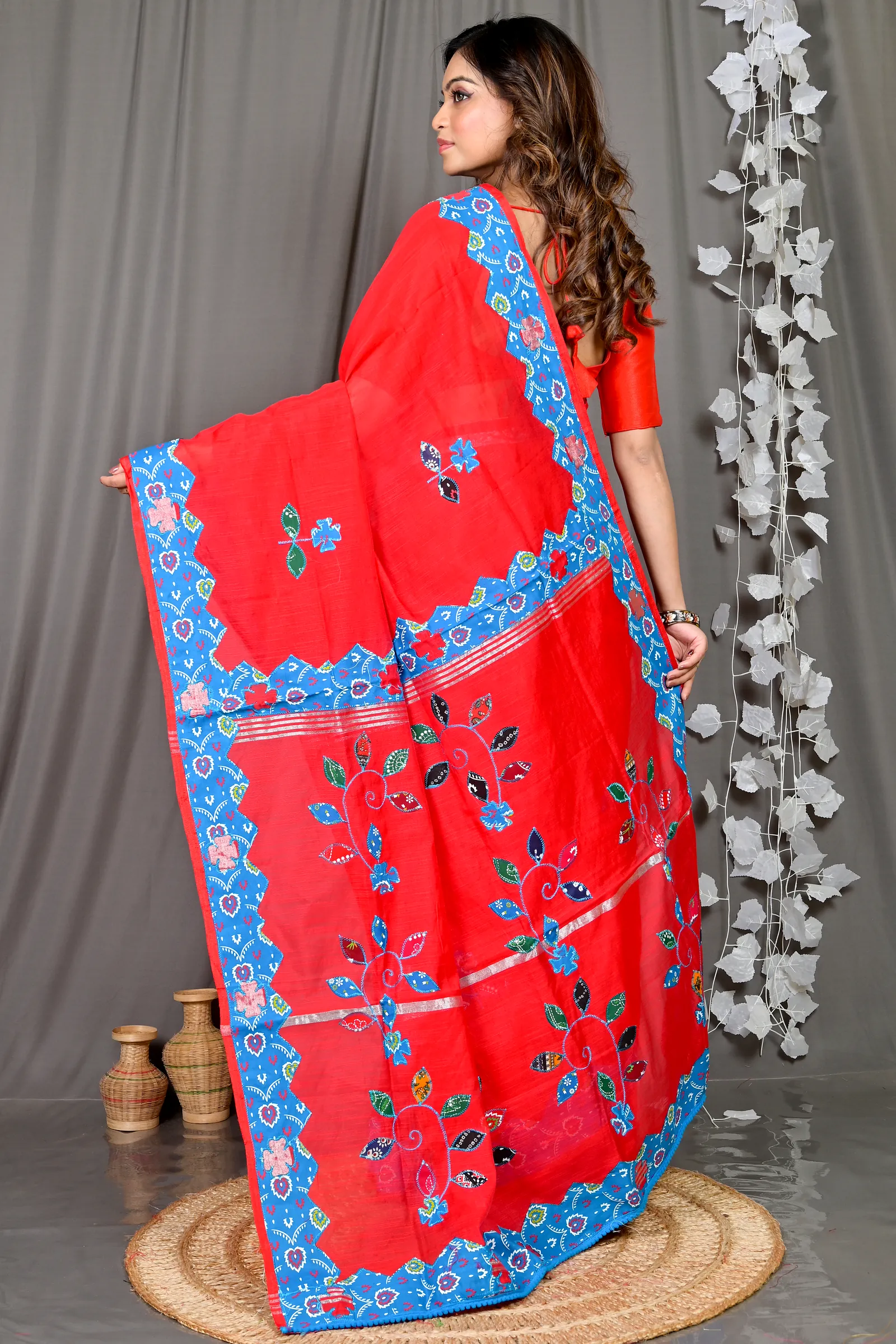 Red Cotton Blended Parik Applique Saree (328)