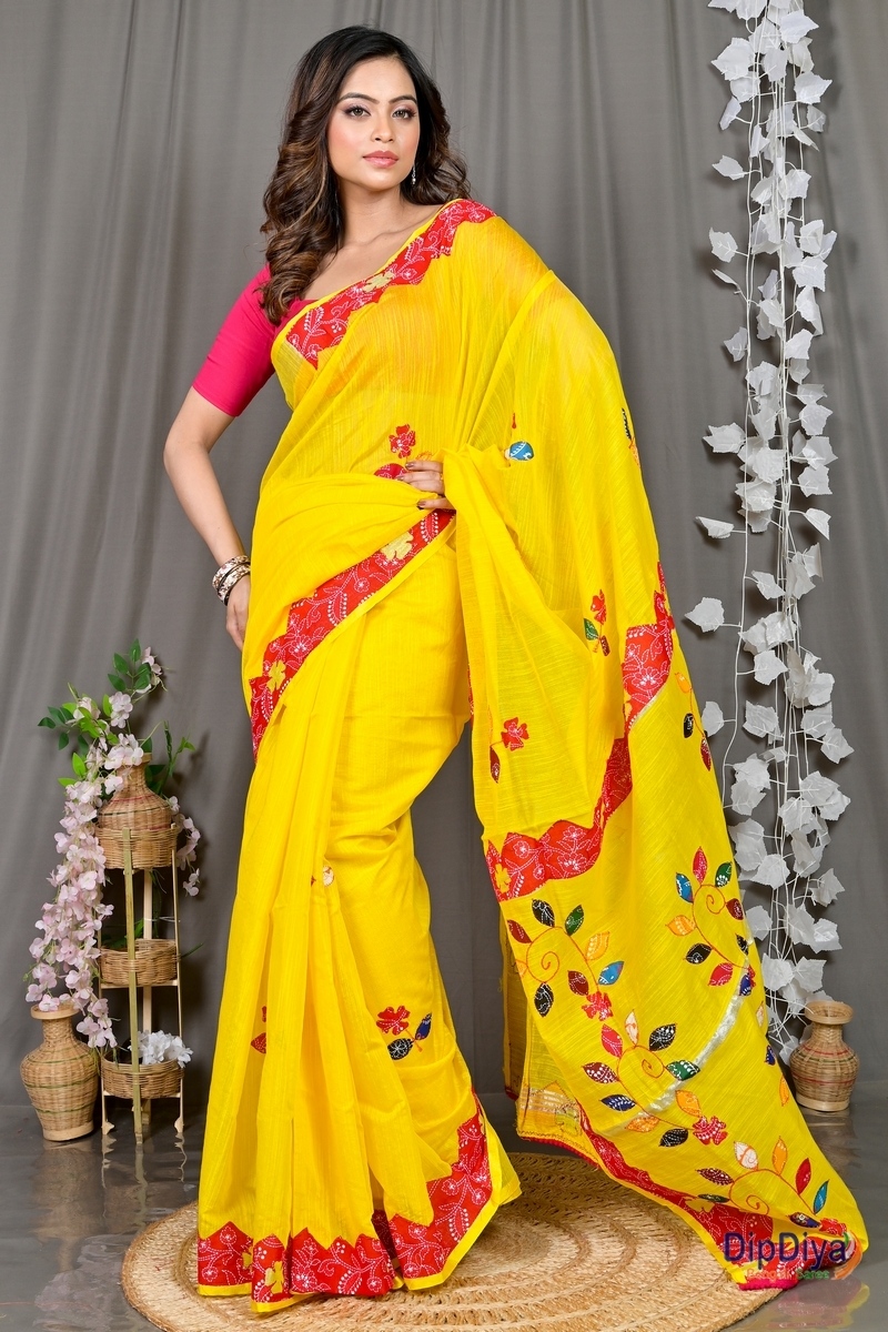 Yellow Red Cotton Blended Parik Applique Saree (329)