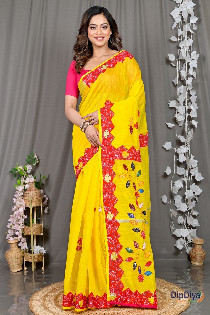 Yellow Red Cotton Blended Parik Applique Saree (329)