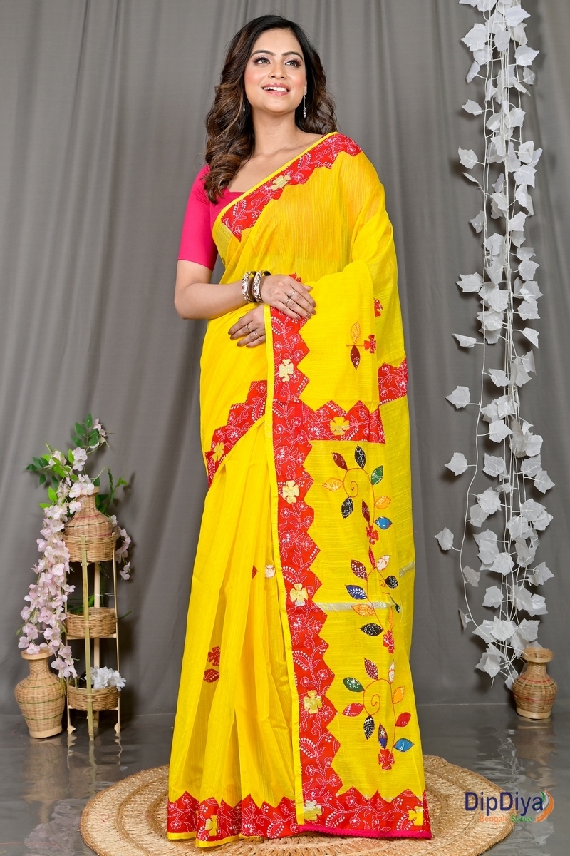 Yellow Red Cotton Blended Parik Applique Saree (329)