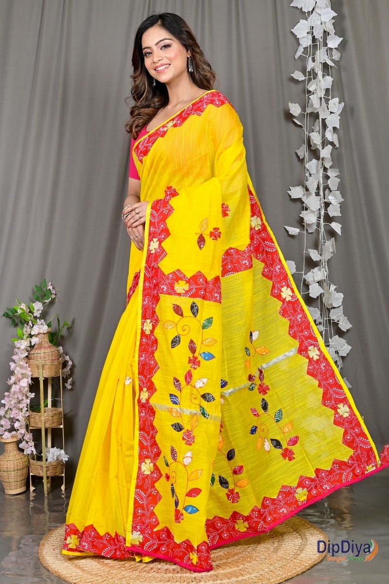 Yellow Red Cotton Blended Parik Applique Saree (329)