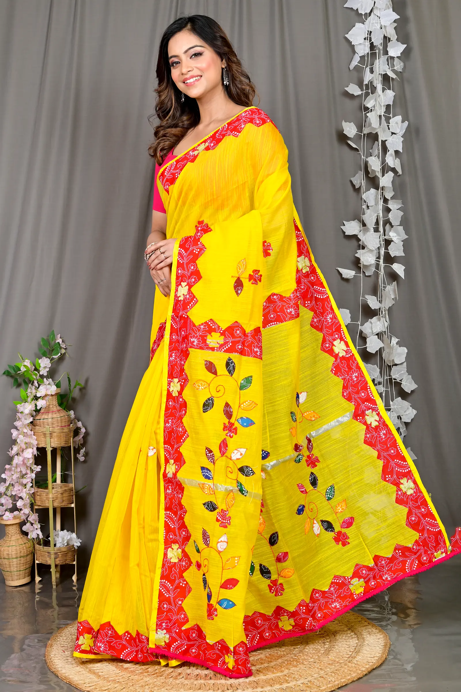 Yellow Red Cotton Blended Parik Applique Saree (329)