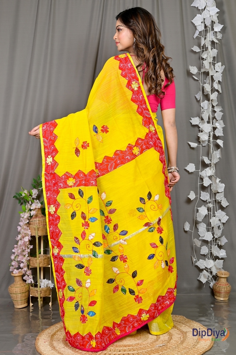 Yellow Red Cotton Blended Parik Applique Saree (329)