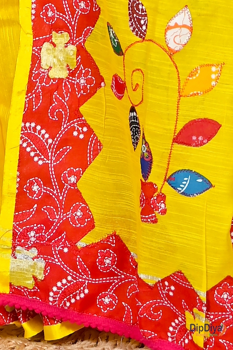 Yellow Red Cotton Blended Parik Applique Saree (329)