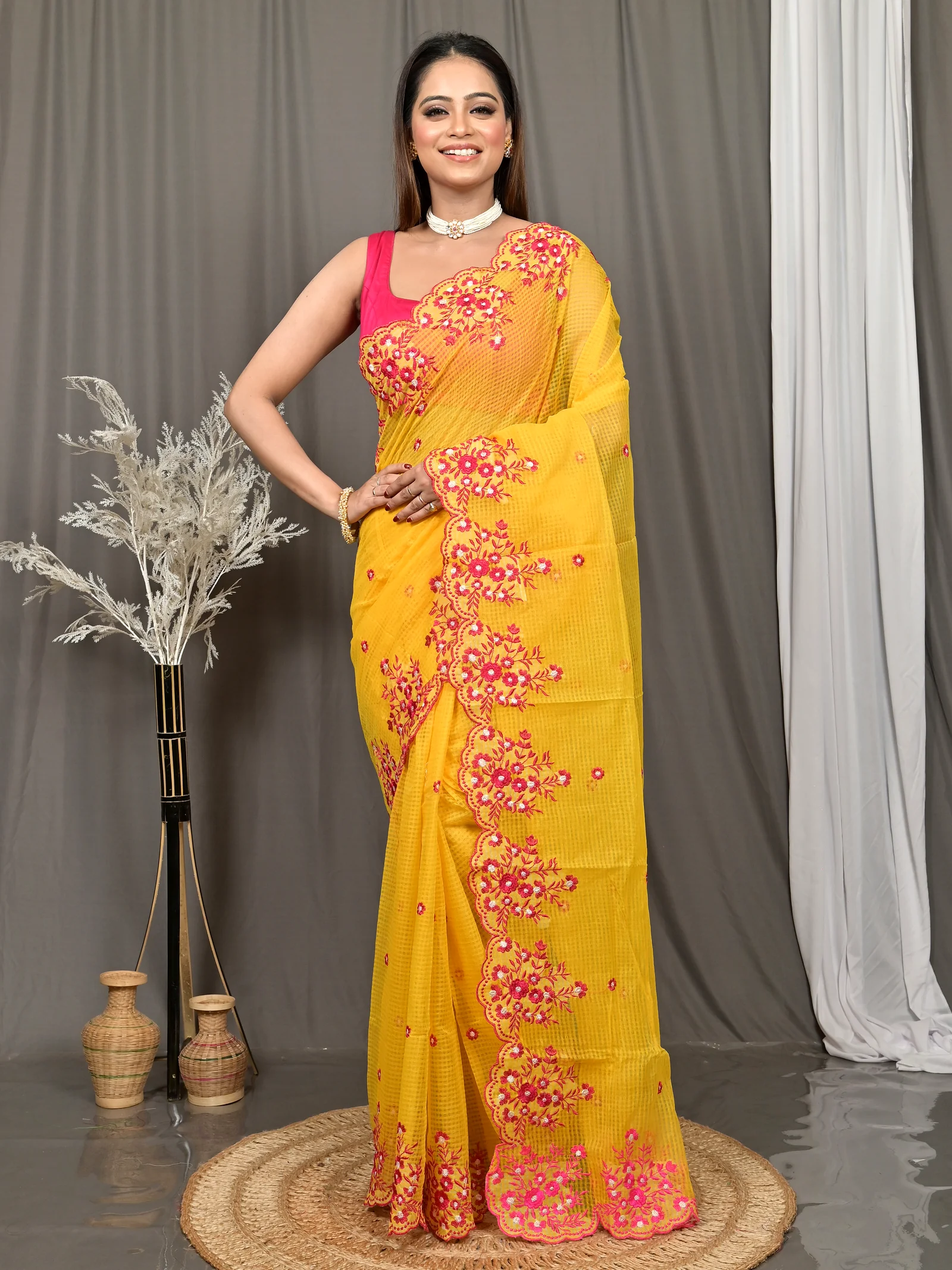 Yellow Cotton Kotambo Mix Kota Embroidery Saree  (33)