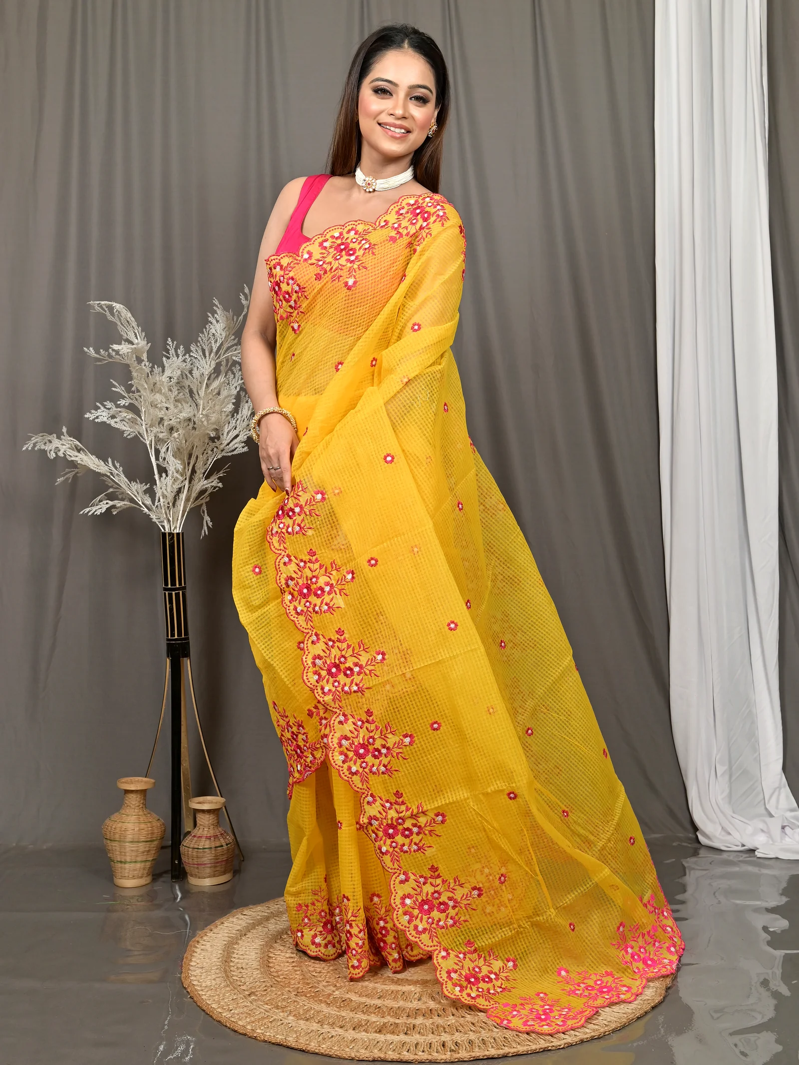 Yellow Cotton Kotambo Mix Kota Embroidery Saree  (33)