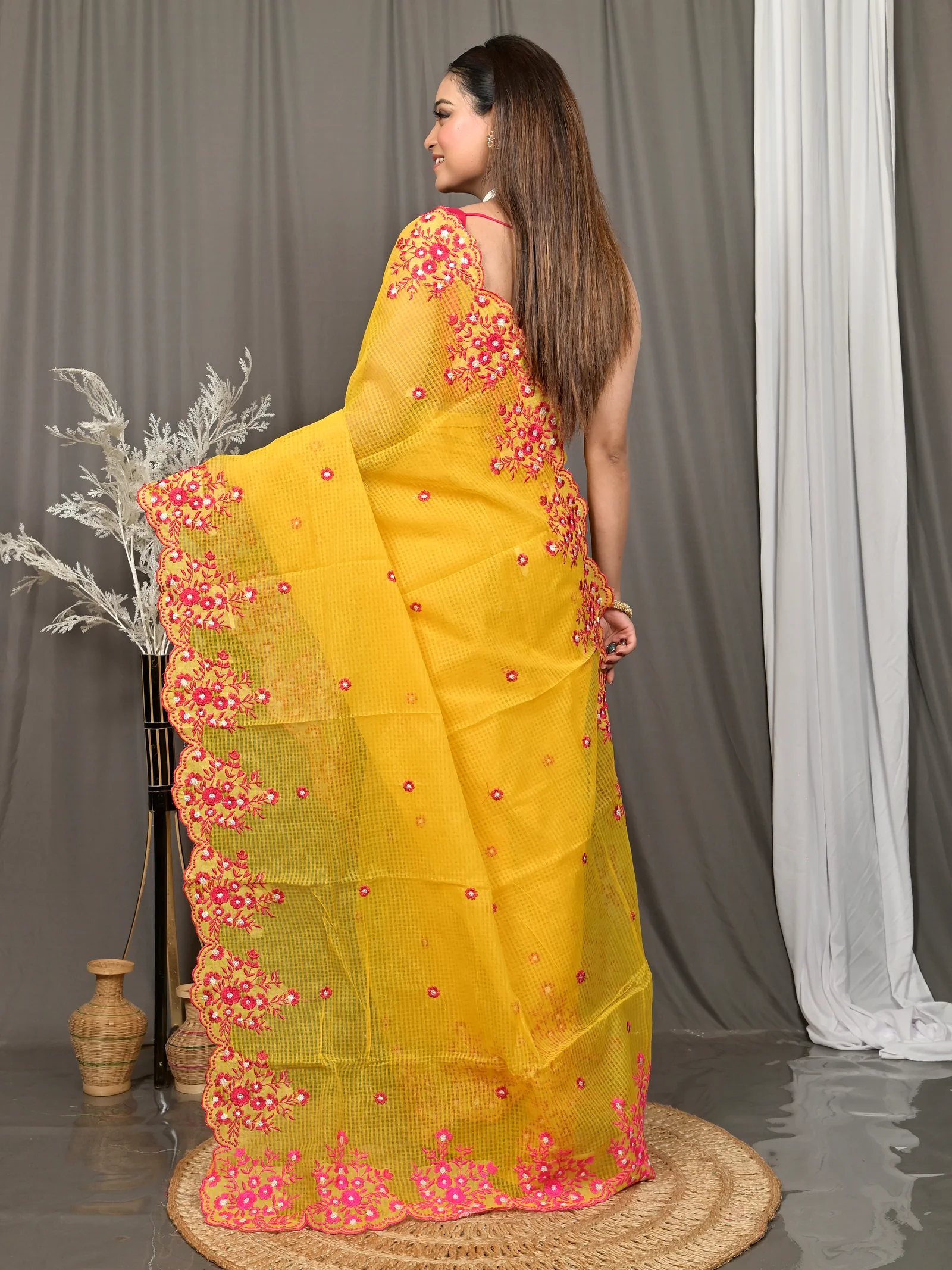 Yellow Cotton Kotambo Mix Kota Embroidery Saree  (33)