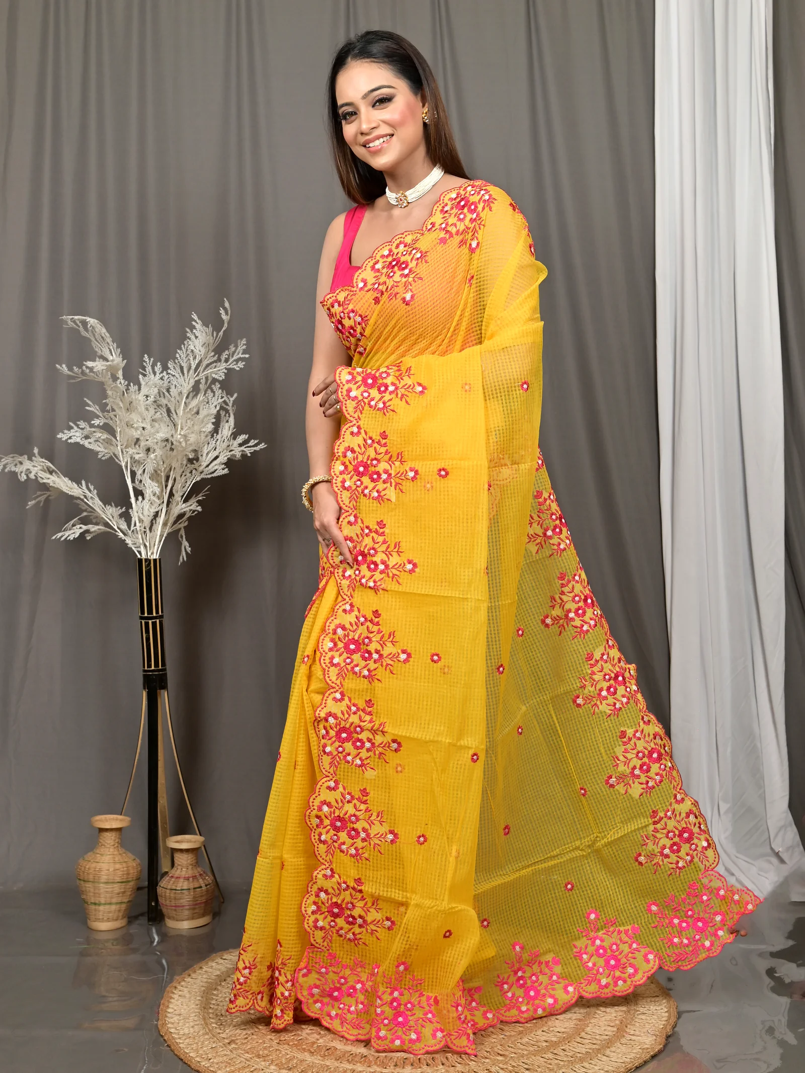 Yellow Cotton Kotambo Mix Kota Embroidery Saree  (33)