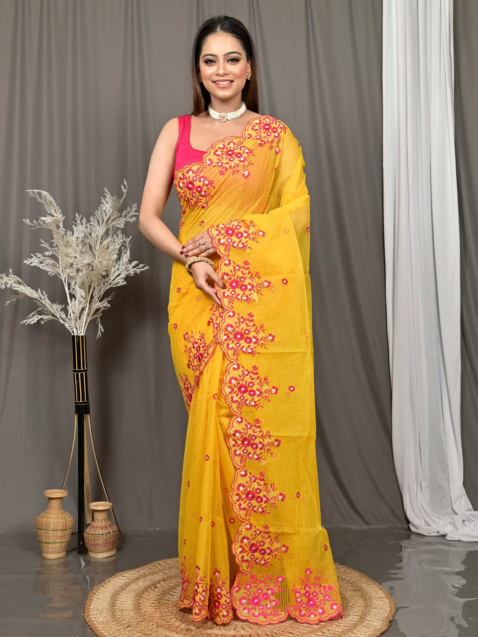 Yellow Cotton Kotambo Mix Kota Embroidery Saree  (33)