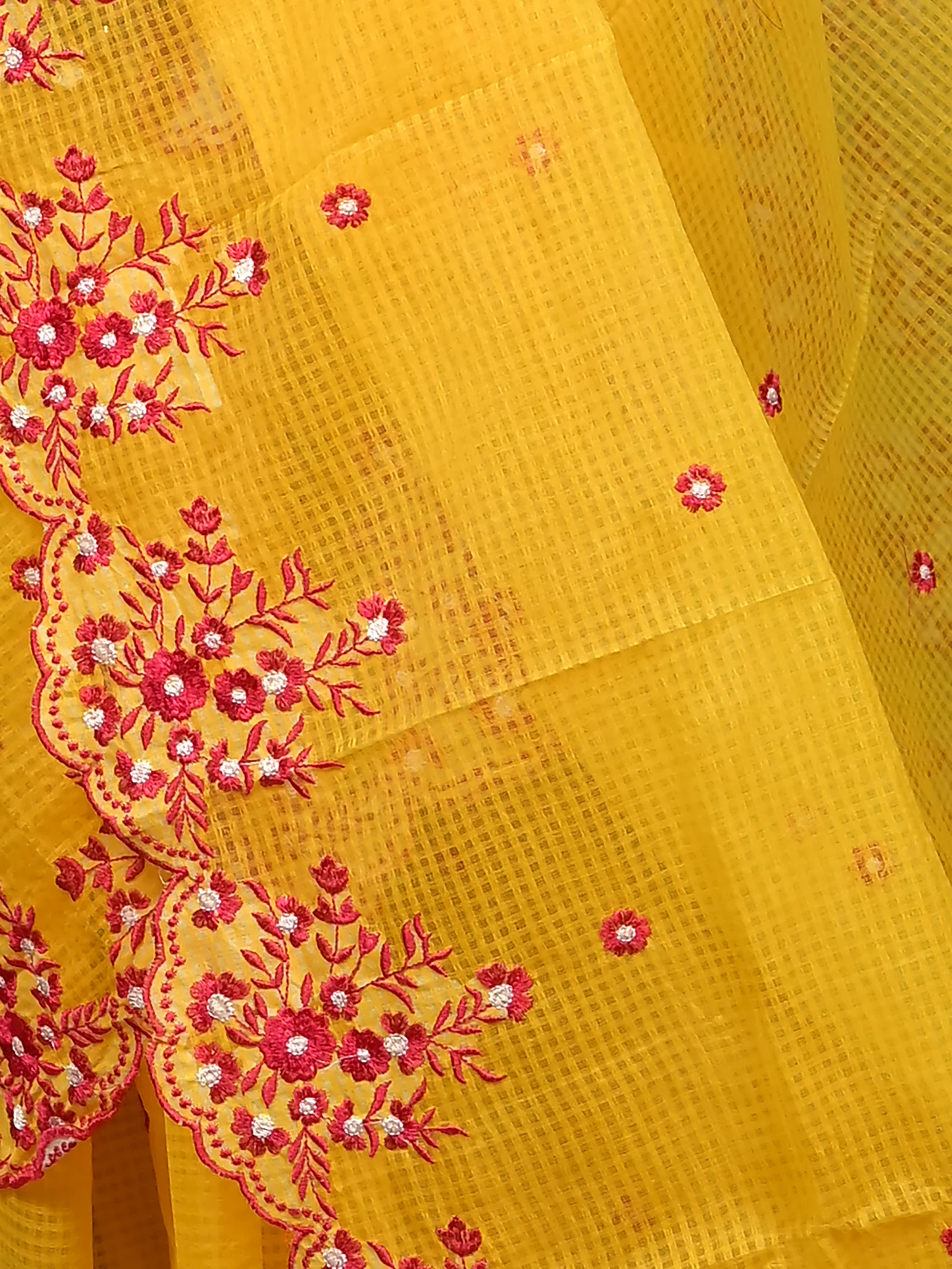 Yellow Cotton Kotambo Mix Kota Embroidery Saree  (33)