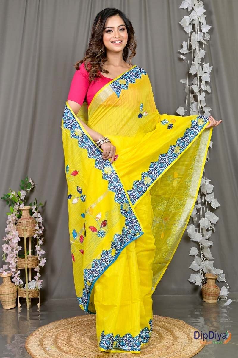 Yellow Cotton Blended Parik Applique Saree (330)