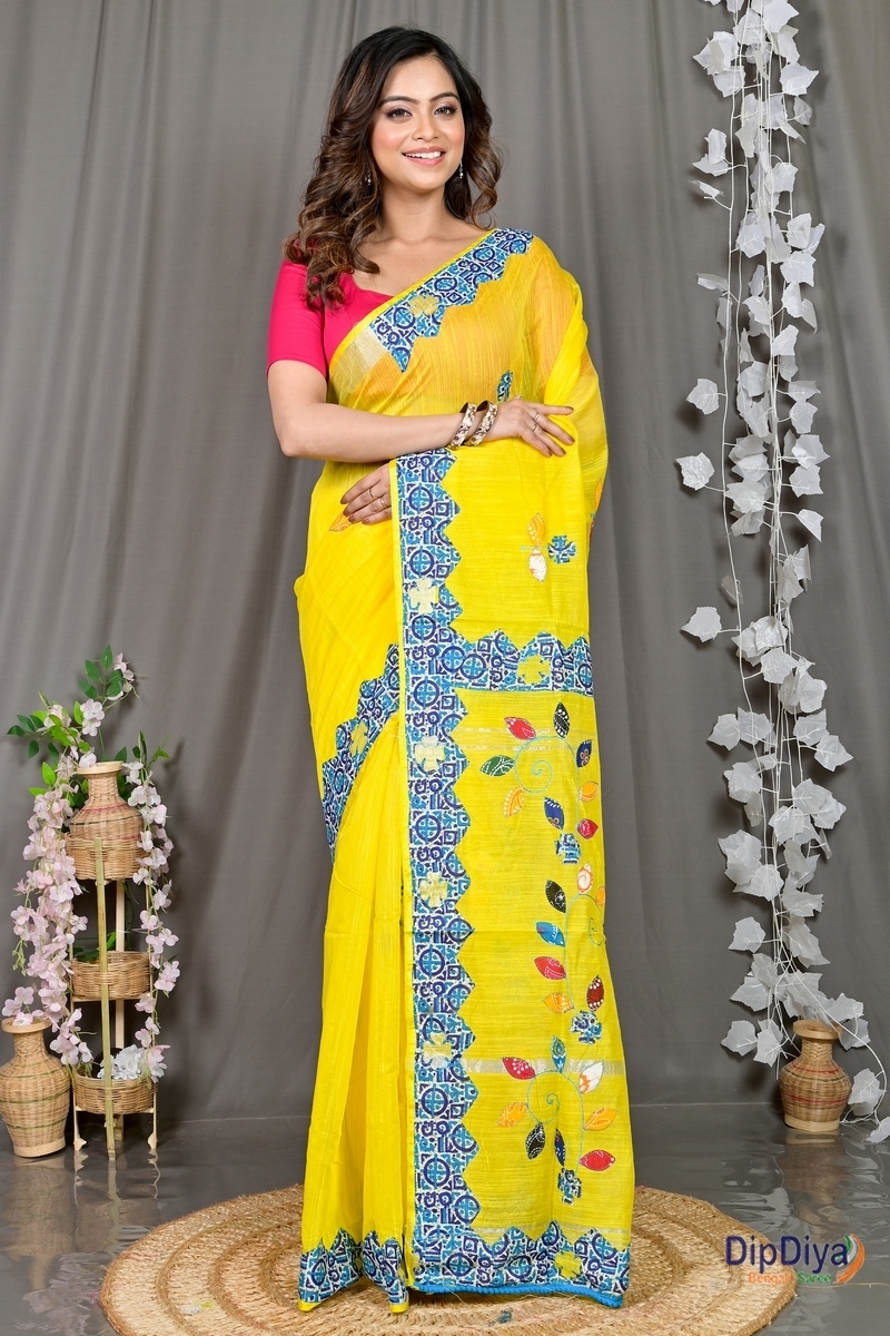 Yellow Cotton Blended Parik Applique Saree (330)