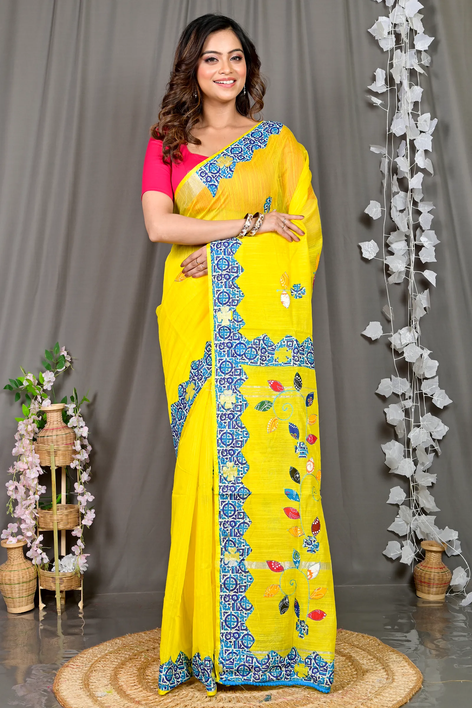 Yellow Cotton Blended Parik Applique Saree (330)