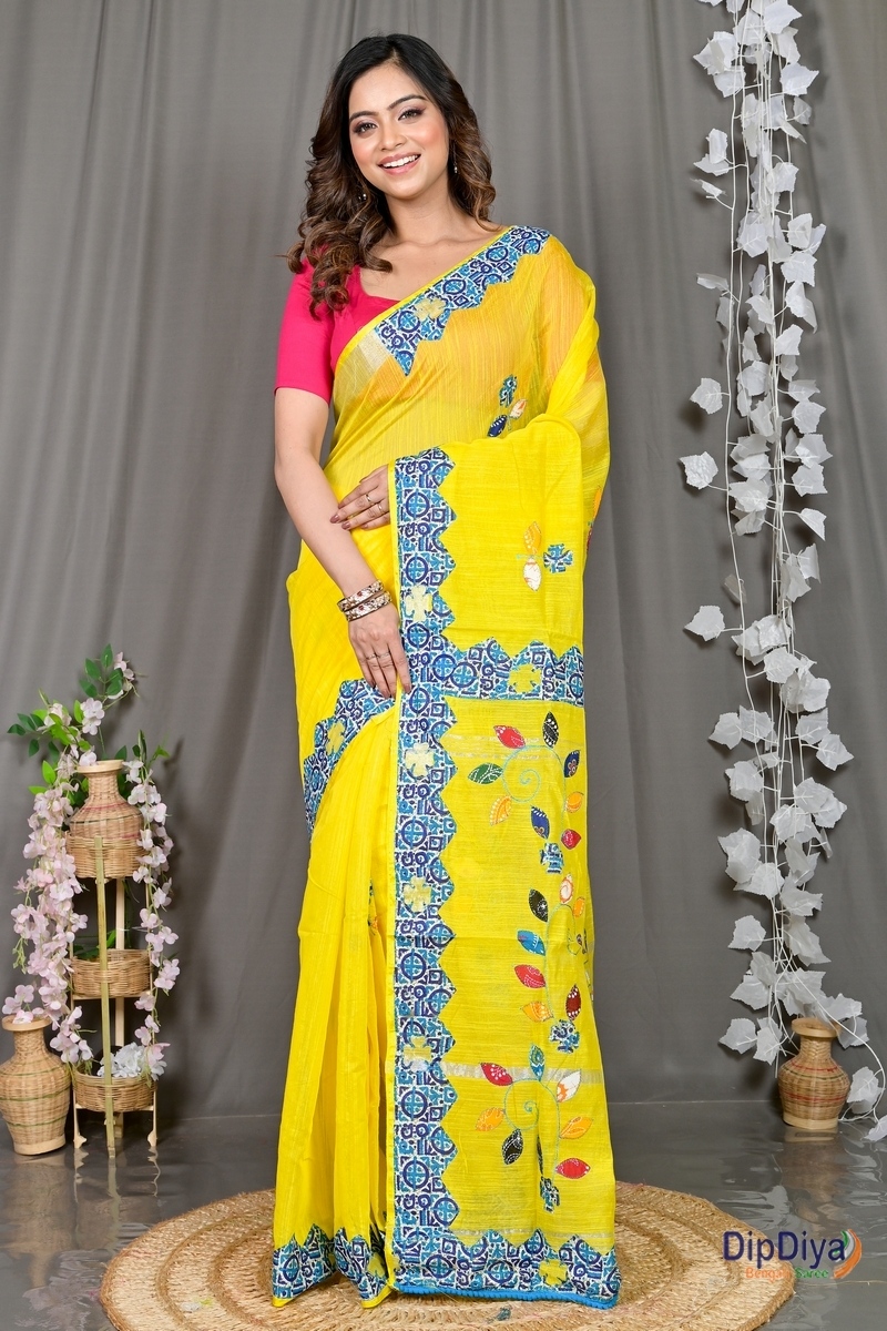 Yellow Cotton Blended Parik Applique Saree (330)